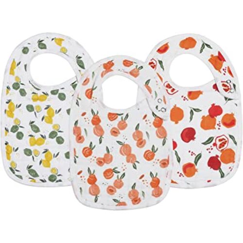 Snap Muslin Bibs for Girls, 3-Pack Baby Bibs for Infants, Newborns and Toddlers, 100% Cotton Muslin Absorbent & Soft Layers, Adjustable Snaps,"Lemon,Peach,Pomegranate"
