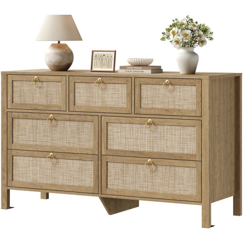Bayou Breeze Pomodoro 51" W Rattan 7-Drawer Dresser With Golden Handles, Coastal Boho Bedroom Storage Chest & Reviews | Wayfair