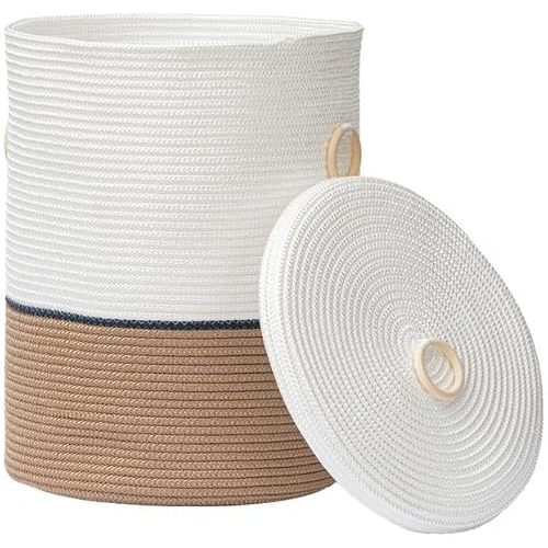 Large Storage Basket - Polypropylene Rope Laundry Basket with Handle for Diaper Blanket Toy Towel Woven Laundry Basket with Lid Home Decor, Pearl & khaki 58L