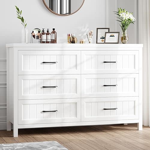 Farmhouse White 6 Drawer Dresser for Bedroom, Chest of Drawers - Large Double Dressers TV Stand with Deep Drawers Dressers for Hallway, Entryway - White