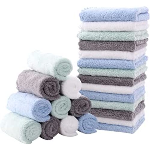 MOON PARK Baby Washcloths, 24 Pack - 8x8 Inches, Small Burp Cloths and Baby Wipes for Boy (White+Grey+Blue+Sage Green)