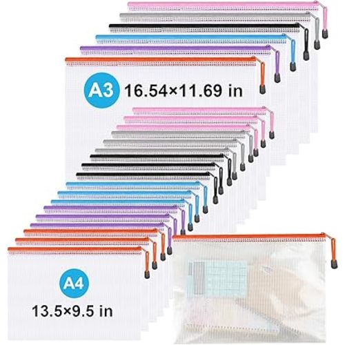 Mesh Zipper Pouches,Zipper Bags A3 A4 Size,24 Pcs Plastic Storage Bags for Classroom Organization,Craft Project,Board Game and Travel Storage.
