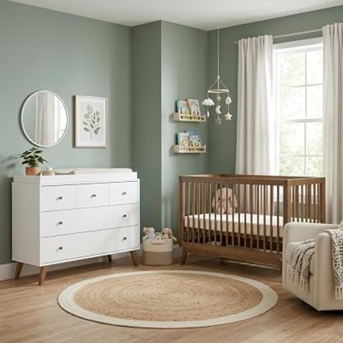 dadada Baby Harmony Set, Nursery Furniture Set. Baby Crib and Dresser Combo. Soho 3-in-1 Convertible Crib and Austin 5 Drawer Nursery Dresser. White & Walnut Beechwood