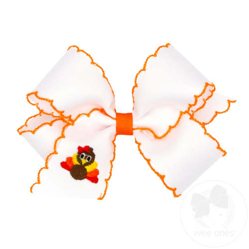 Medium Grosgrain Hair Bow with Moonstitch Edge and Harvest Embroidery - TURKEY | Wee Ones Hair Bows & Accessories