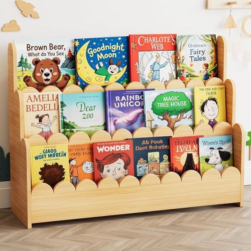 3-Tier Scalloped Bookshelf, Montessori Bookcase for Toddlers, Wooden Book Shelf Organizer Display Furniture for Kids Rooms, Playroom, Nursery and Classroom, 36.7“ Wide, Natural