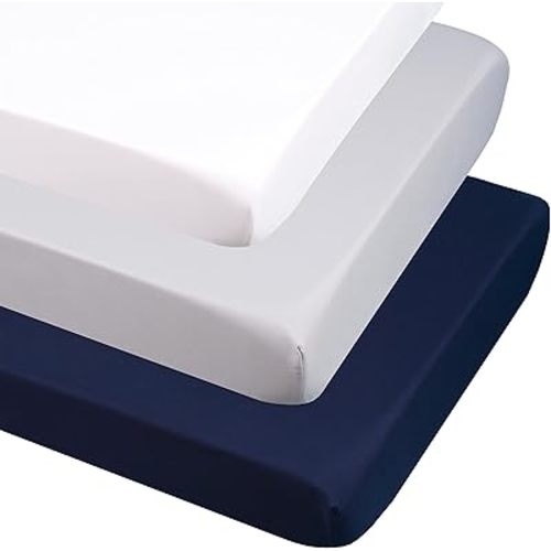 CaSaJa 3-Pack Fitted Crib Sheets Set for Baby Boys, Extra Soft Breathable 9" Deep Mattress Sheet for Standard Toddler Bed 28x52, Cozy Washable Microfiber Nursery Sheets, Navy Blue/Pale Gray/White