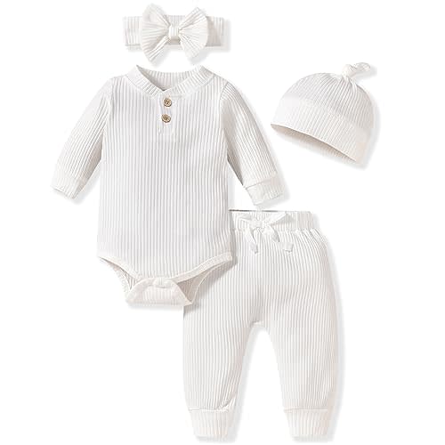 Aalizzwell Gender Neutral Long Sleeve Baby Ribbed Outfit with Hat & Headband