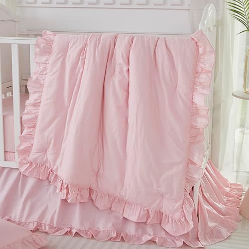 Crib Bedding - 3 Piece Nursery Set Pink Ruffles | Baby Comforter, Fitted Crib Sheet, Crib Skirt Included