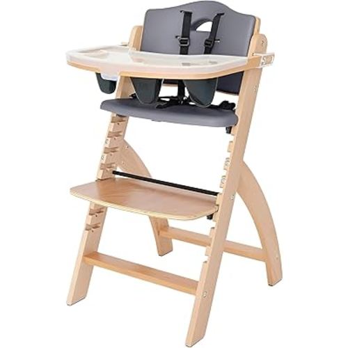 Abiie Beyond Junior Wooden High Chair with Tray - Adjustable and Convertible High Chair for Babies and Toddlers - 6 Months to 250 Lb - Water Resistant - Natural Wood with Dark Grey Cushion