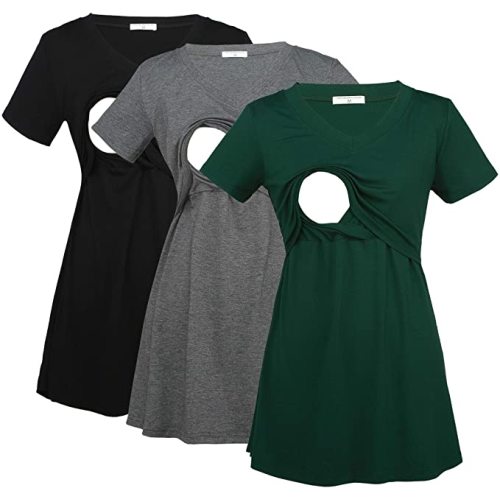 Bearsland Womens 3 Packs V Neck Nursing Tops Maternity Breastfeeding Tee Shirts - XX-Large - Black+gray+green(3pcs)