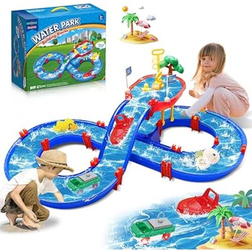 2-Tier Water Table Toys for Kids,61PCS Water Park Playset with Pump,Summer Water Toys Waterways for Backyard Beach Pool Lawn,Outdoor Toy for Toddlers 3-5 4-8, Gifts for Boys Girls