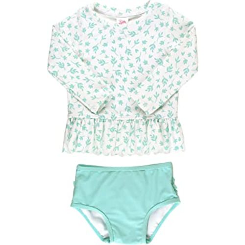 RuffleButts® Baby/Toddler Girls Long Sleeve Rash Guard 2 Piece Swimsuit Set w/UPF 50+ Sun Protection with Zipper