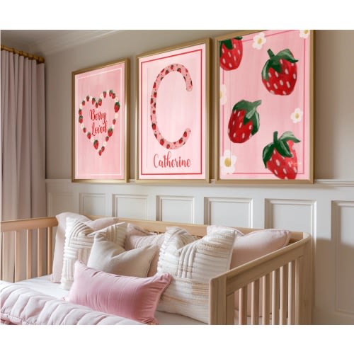 Personalized Strawberry Nursery Prints, Set of 3, Girls Room Wall Art