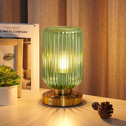 Cordless Table Lamp for Bedroom, 7500mAh Rechargeable Battery Operated Lamp, Modern Touch Dimmable Wireless Lamp Gold Base Green Glass Shade for Living Room, Desk, Led Bulb Included