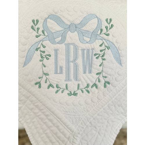 Personalized Heirloom Baby Quilt w/vine frame large bow w/three letter monogram, pink/blue, custom embroidered quilt w/monogram and design