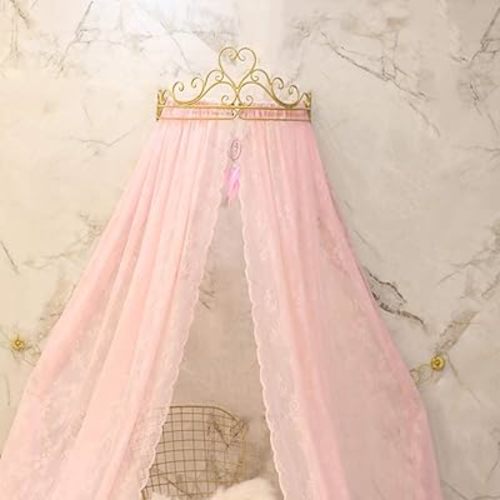 KKLT Lace Bed Canopy,Crown Princess Bed Curtain Court Mosquito Net with Decorative Drapery Metal Crown for Bedroom-Pink…