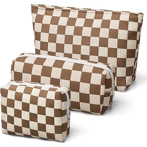 3 Pieces Checkered Cosmetic Bags,Brown Makeup Bag, Small Make Up Pouch for Purse, Corduroy MakeUp Brush Bag, Aesthetic Preppy Stuff,Makeup Bag Travel Accessories