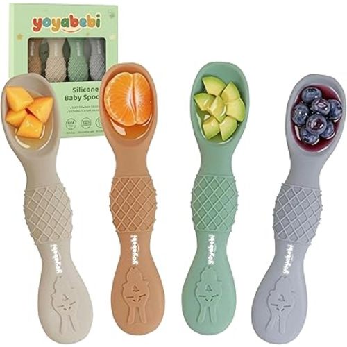 YOYABEBI Silicone Baby Spoons self feeding 6 months(4 Pack), Toddler utensils, baby feeding essentials. Soft Tip, Gum-Friendly, BPA Free, Dishwasher Safe, Teething Handle