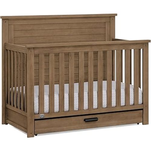 Delta Children Simmons Kids Caden 6-in-1 Convertible Crib with Trundle Drawer, Greenguard Gold Certified, Aged Oak