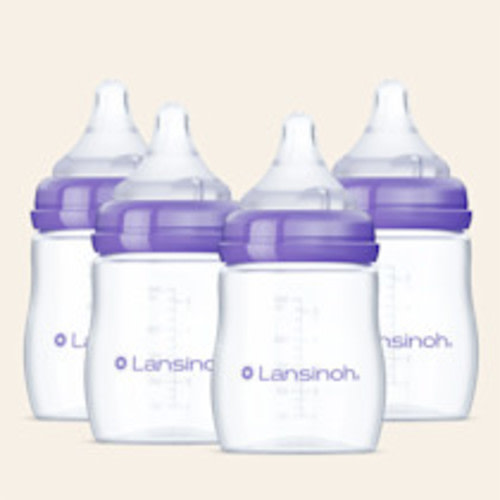 Lansinoh Anti-Colic Baby Bottles for Breastfeeding Babies, 5 Ounces, 4 Count, Includes 4 Extra Slow Flow Nipples, Size XS