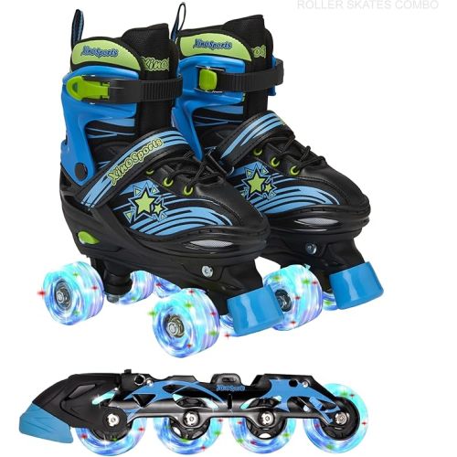 XINO SPORTS 2 in 1 Combo, Kids Roller Skates | Inline Skates - Interchangeable LED Light Up Skates for Kids Ages 6-12, Teens & Adults, Inline Skates for Girls and Boys, Adjustable Roller Skates Blades