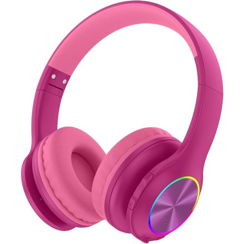 2024 Bluetooth Kids Headphones Fit for Aged 3-21, Colorful LED Lights Comfort Wireless Headphones with Microphone 94dB Volume Limited for School/iPad/PC/TV/Cellphones, Wired & TF Card Mode, Hot Red