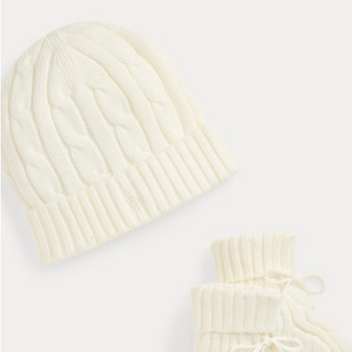 Cable-Knit Cotton Beanie & Bootie Set- trophy cream