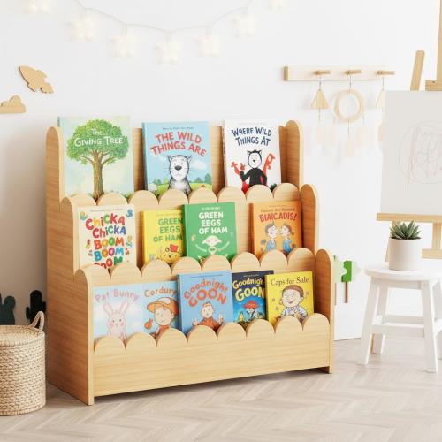Montessori Bookshelf for Toddlers, 3-Tier Scalloped Wooden Kids Bookcase for Nursery, Playroom Furniture,