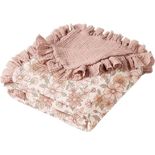 Konssy 100% Cotton Muslin Baby Blanket with Ruffle Trim for Girls, 43"x39"