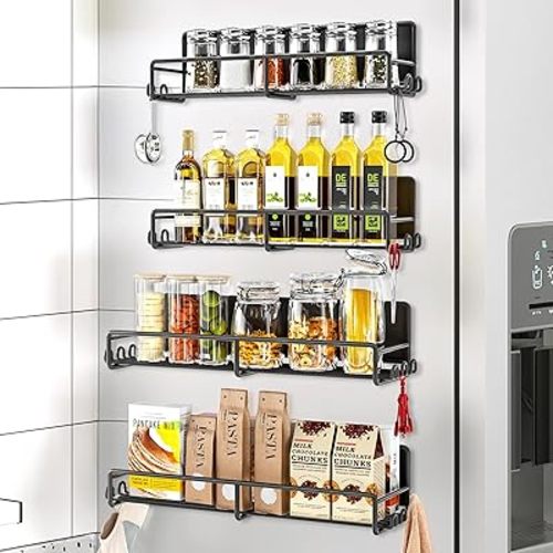 Magnetic Spice Rack for Refrigerator, 4 Pack Magnetic Fridge Shelf with Hooks, Spice Organizer Shelf for Kitchen Organization and Storage, Seasoning Organizer Gadgets for Metal Surface