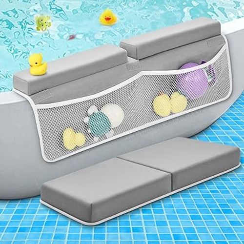 Baby Bath Kneeler and Elbow Rest Pad Set - 26'' Extra Long and 2.4'' Thick, Quick Dry Kneeling Pad for Bathing Baby with Knee & Arm Support, Foldable Non-Slip Bathtub Mat with Toys Organizer