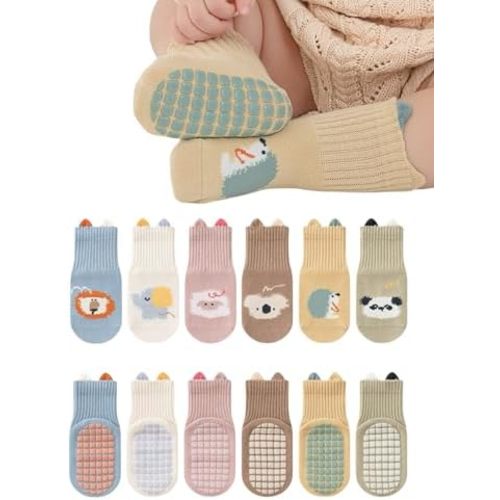 Baby Toddler Non-Skid Crew Socks Girl Boy Non Slip Socks Infant Newborn First Walking Floor Socks 6 Packs
