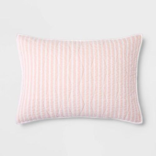 Chambray Striped Kids' Sham Pink - Pillowfort™: Cotton Pillow Shams, OEKO-TEX Certified, Standard Size, 140 Thread Count
