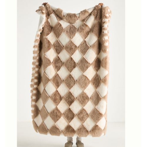 Carved Checkered Faux-Fur Throw Blanket