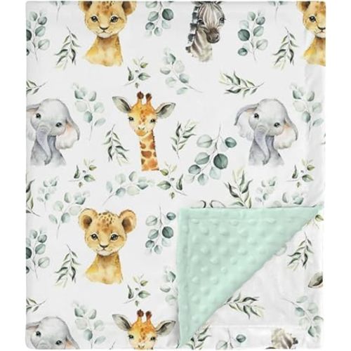 African Safari Jungle Animal Mink Baby Blanket Dotted Backing Boy Girl, Blue Elephant Giraffe Zebra Double Layer Flannel Nursery Bed Blankets, Soft Plush Newborn Infant Toddler Crib Bedding 30 x 40