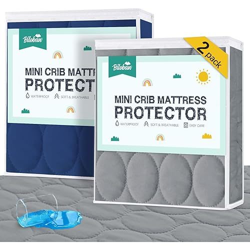 Mini Crib Mattress Protector Sheets Waterproof 2 Pack, Quilted Pack and Play Mattress Pad Cover Fits for Baby Mini Crib/Playen/Pack and Play Mattress, Grey & Navy, 38"x24"