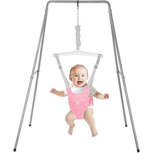 Baby Jumper with Stand, Baby Jumpers and Bouncers, Baby Exerciser Suitable for 6-24 Months, Easy to Assemble & Store Jumper for Baby (Pink)