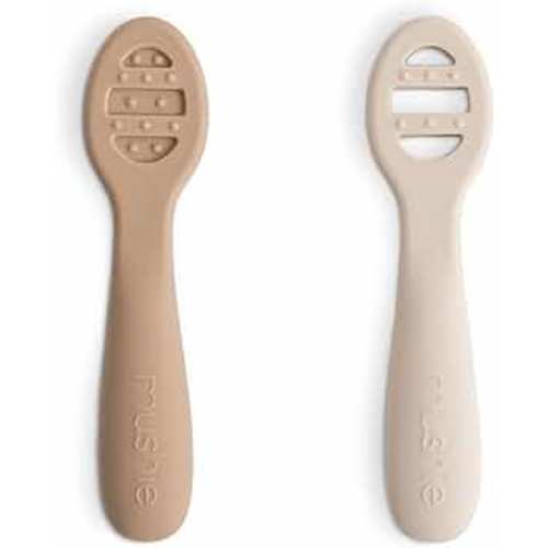 mushie Silicone First Feeding Baby Spoons | 2 Pack (Natural/Shifting Sand)