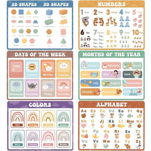 Educational Preschool Placemats for Kids Set of 6 Boho Toddler Plastic Placemat Reusable Washable Children Montessori Eat Table Mat for Homeschool Nursery Kindergarten Classroom Dining Table