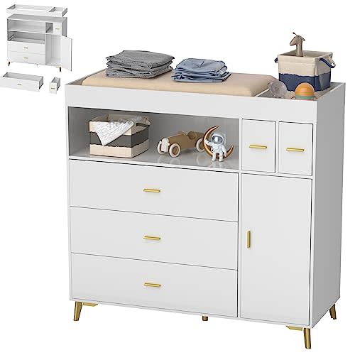 PAKASEPT Changing Table with Drawers, Changing Table Dresser with 5 Drawer & Cabinet