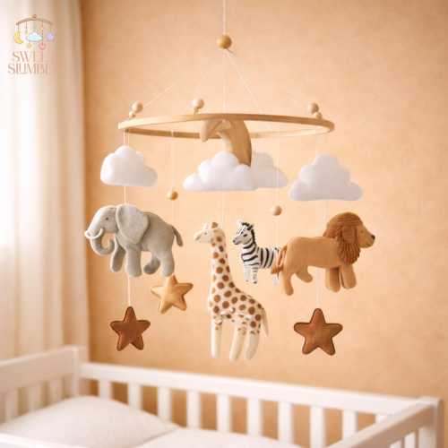 Safari Baby Mobile | Neutral Felt Animals | Elephant, Lion & Giraffe Nursery Decor | Gender Neutral Crib Hanging