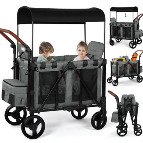 Vomeast Wagon Stroller for 2 Kids, 3-in-1 Wagon Stroller with Canopy, 5-Point Harness, Adjustable Handlebars, Removable Seat for Toddlers, Grey
