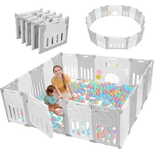 Baby Playpen, Dripex Foldable Playpen for Babies and Toddlers, Custom Shape Baby Fence, Safety Play Yard with Gate, Portable Play Area for Indoor or Outdoor, Grey White, 18 Panel