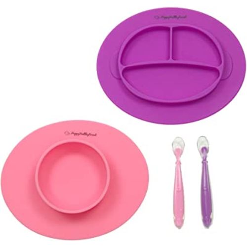 Silicone Bowl and Silicone Plate Easily Wipe Clean! Self Feeding Set Reduces Spills! Spend Less Time Cleaning after Meals with a Baby or Toddler! Set Includes 2 Colors (Pink / Purple)