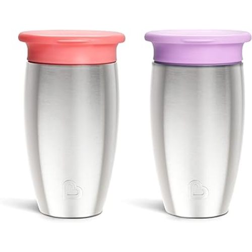 Munchkin® Miracle® 360 Toddler Sippy Cup with Lid, Spill Proof, 10 Ounce, Stainless Steel, 2 Pack, Pink/Purple