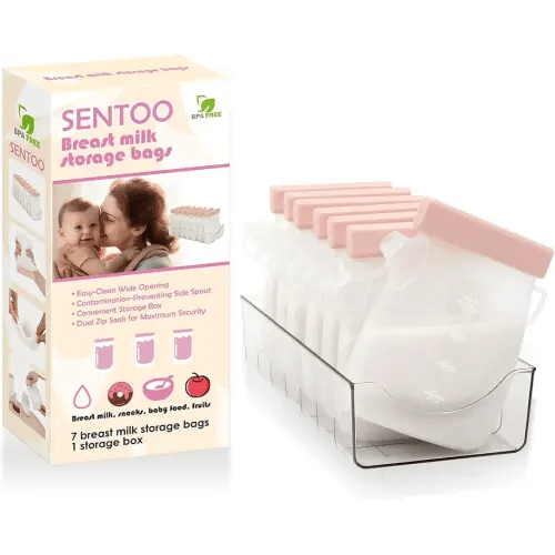 7 Pcs Breastmilk Storage Bags with a Fridge Organizer Bin, Reusable Breastfeeding Essentials, 11oz/320ml Double Leak-Proof Breastmilk Freezer Bags for Breastfeeding, Postpartum Essentials