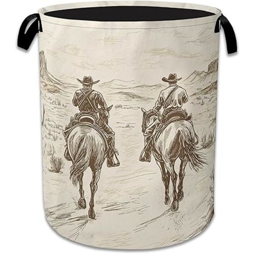 Western Cowboy Laundry Hamper With Handle,Foldable Oxford Cloth Horse Desert Laundry Basket,20.8"x16" Clothes Storage Basket for Laundry Room/Bedroom/Bathroom