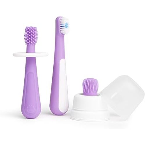 Ubbi Grow with Me Toothbrush Training Set for Babies and Toddlers, Includes Silicone Finger Brush, 360° and Soft Bristled Toothbrush, Smoothie Purple