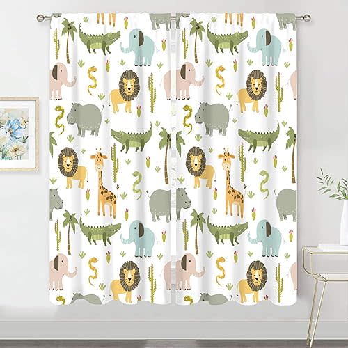 MESHELLY Kids Safari Curtains 42W X 63H Inch Rod Pocket Cute Cartoon Animals Baby Boy Nursery Bedroom Decor Woodland Jungle Lion Elephant Curtains for Children Living Room Window Drapes Fabric