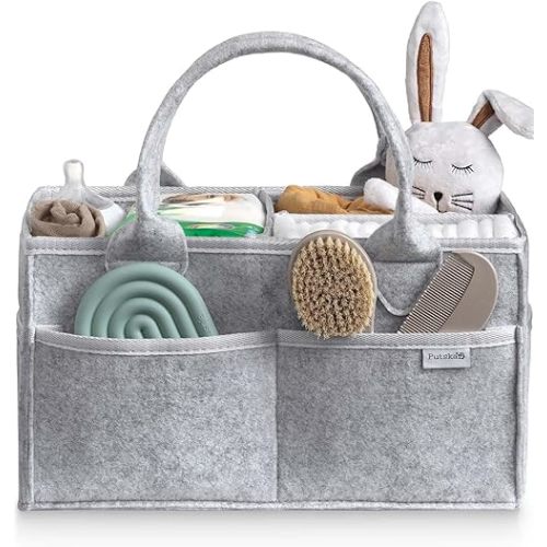 PUTSKA Baby Diaper Caddy Organizer - Nursery Storage Basket for Diaper Station, Baby Basket Shower List and Registry Gift Must-Haves, Newborn Essentials, Nursery Decor for Boy or Girl - Grey, Regular
